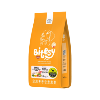 Bitesy מזון מלא לכלב בוגר ברווז עם אורז בטטה וחמוציות 12 ק"ג+3 חטיפים