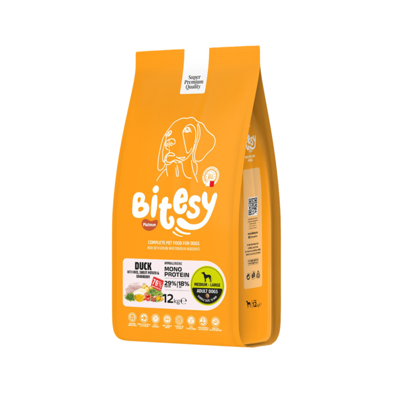 Bitesy מזון מלא לכלב בוגר ברווז עם אורז בטטה וחמוציות 12 ק"ג+3 חטיפים