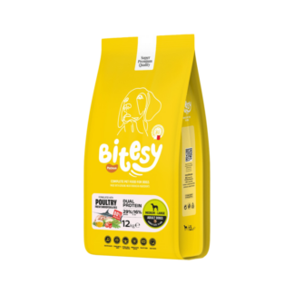 Bitesy מזון מלא לכלב בוגר עופות דג חרב ואורז 12 ק"ג+3 חטיפים