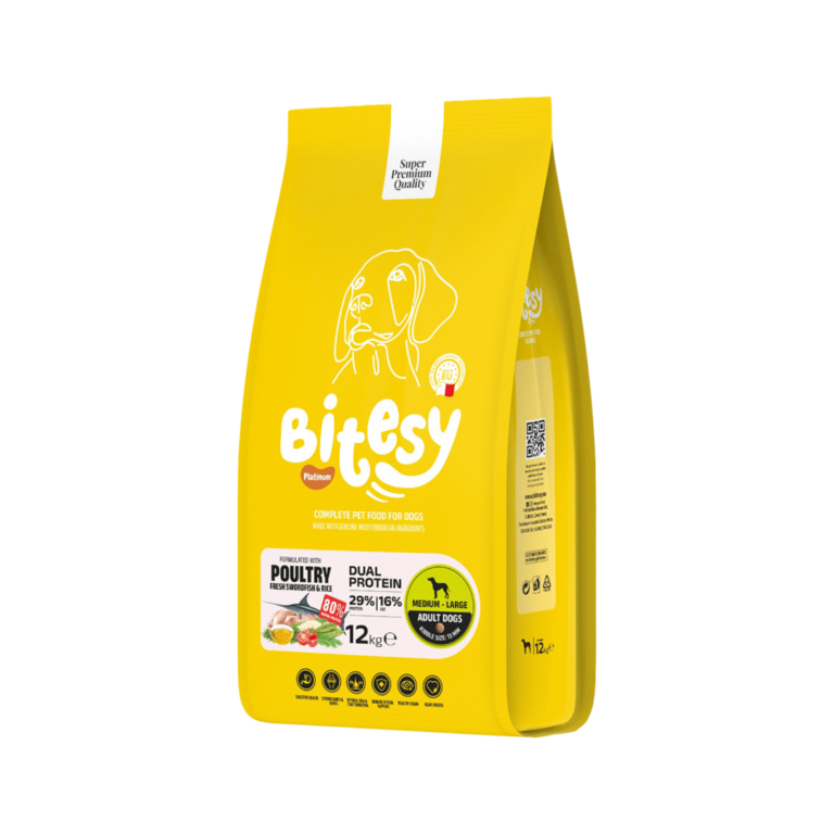 Bitesy מזון מלא לכלב בוגר עופות דג חרב ואורז 12 ק"ג+3 חטיפים