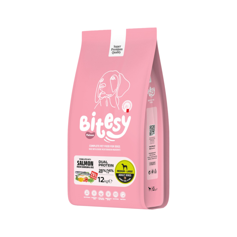 Bitesy מזון מלא לכלב בוגר סלמון דניס ואורז 12 ק"ג+3 חטיפים