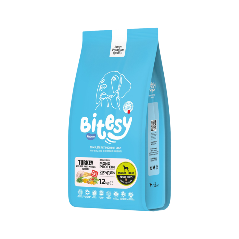 Bitesy מזון מלא לכלב בוגר הודו עם אורז בטטה וכורכום 12 ק"ג+3 חטיפים